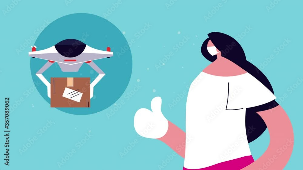 Poster delivery service worker with box in drone animation