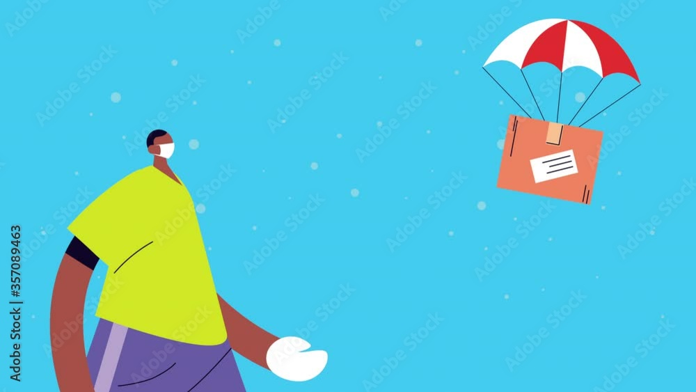 Poster delivery service worker with box in parachute animation