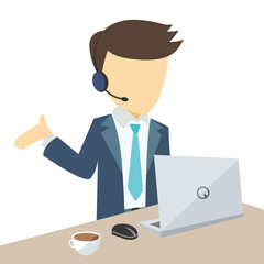 Call center agent with open hand palm, laptop, desk. Flat vector illustration.