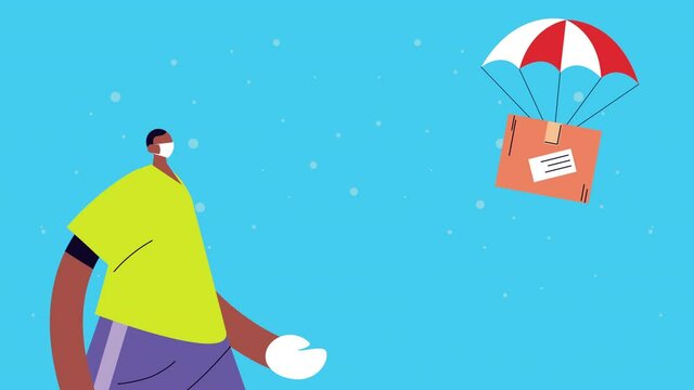 delivery service worker with box in parachute animation