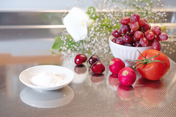 Baking soda in dish for washing food and vegetables. Healthy life style concept