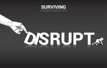 Businesswoman ready to run away from domino effect by Robot hand. business concept of disruption of A.I. to make career crisis..
