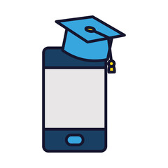 online education concept, smartphone with graduation cap icon, line and fill style