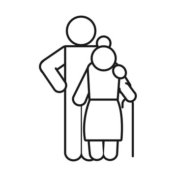 recommend clip art: pictogram man with old woman with a cane, line style