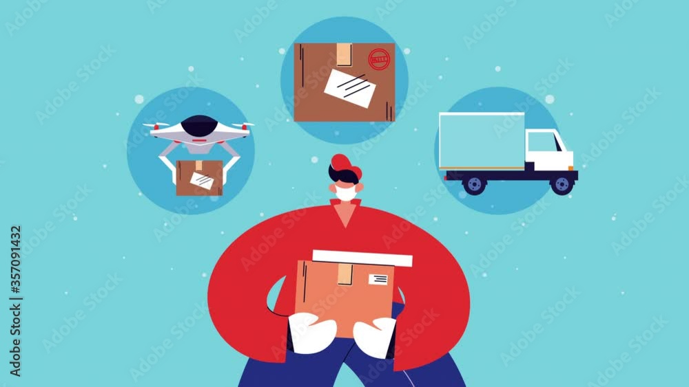 Poster delivery service worker with box and set icons animation