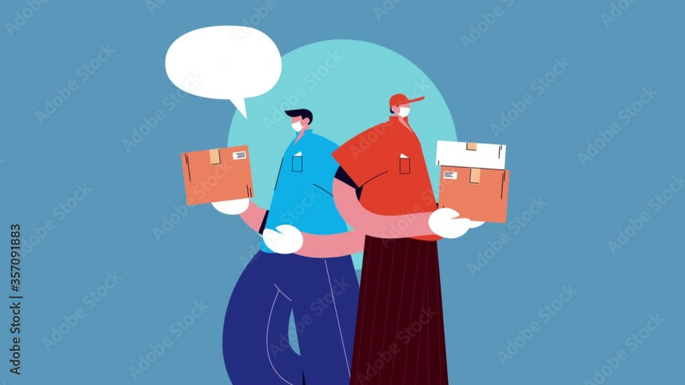 Poster delivery service workers with boxes animation