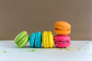 Macaron or French macaroon, Colorful and sweet cake dessert food made with egg white, icing sugar, granulated sugar, almond meal, and food colouring.