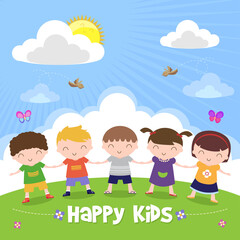 Obraz na płótnie Canvas Happy kids holding hand isolated on nature background, Modern flat design, Vector illustration
