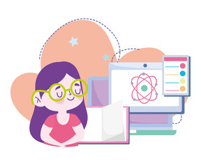 online education, student girl computer science book information, website and mobile training courses