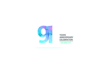 91 years anniversary celebration logotype. anniversary logo with watercolor purple and blue  isolated on white background, vector design for celebration, invitation card, and greeting card-vector