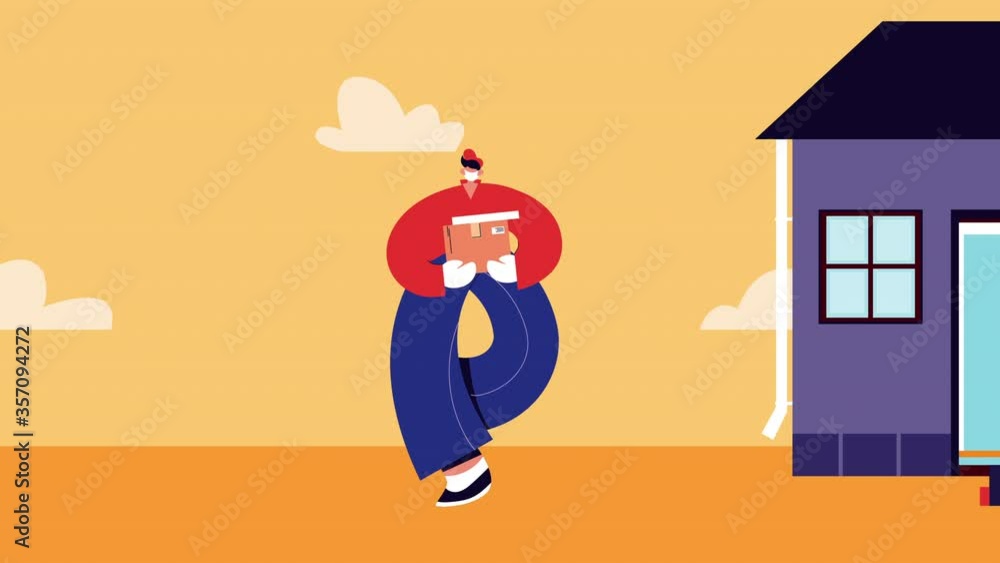 Poster delivery service worker with box in the home animation