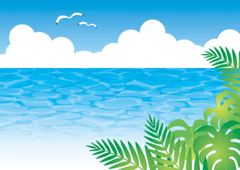 空　海　カモメ　ヤシの葉　モンステラ　背景