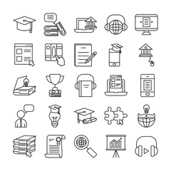magnifying glass and online education icon set, line style