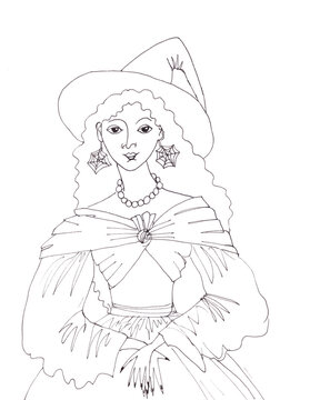 linear graphic black and white drawing of a witch in a wide-brimmed hat on halloween