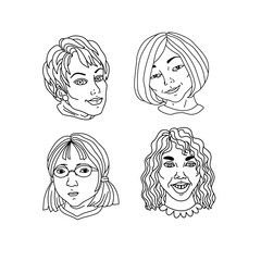Faces of women of different nationalities, faiths and skin color. In the outline style on a white background. Fight for women's rights and equality. Template for a poster, banner, etc. Vector.