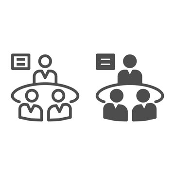 Business Meeting Line And Solid Icon, Strategy Concept, Brainstorming And Teamwork Sign On White Background, Group Of People In Conference Room Sitting Around Table Icon In Outline. Vector Graphics.