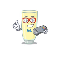 Mascot design style of screaming orgasm cocktail gamer playing with controller