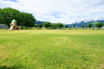 初夏、雨上がりの公園。芝生多め。