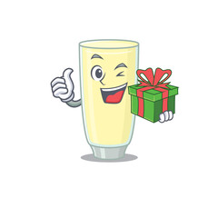joyful screaming orgasm cocktail cartoon character with a big gift box