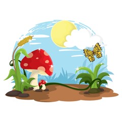 butterfly and mushroom landscape