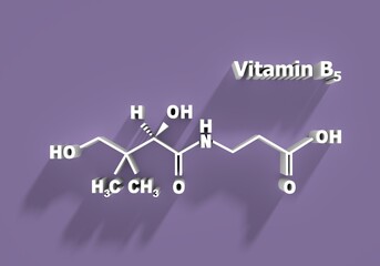 Pantothenic acid or vitamin B5 structural chemical formula. 3D rendering.