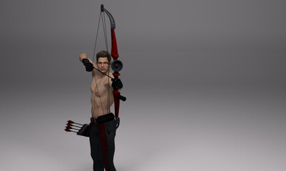 3D Render : a young male shirtless archer pose practicing archery in the studio 
