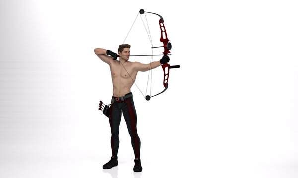 3D Render : a young male shirtless archer pose practicing archery in the studio 
