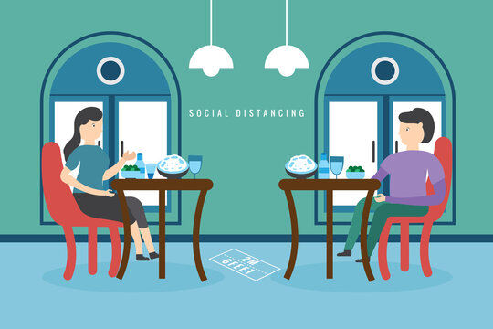 Social distancing concept illustration showing people in a restaurant