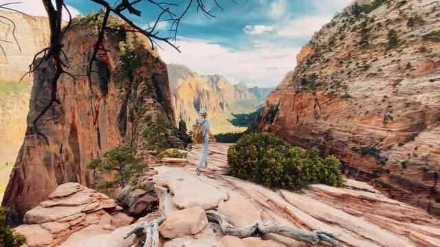 Following a male traveler walking by touristic roads around the Grand Canyon in Arizona, traveling around United States, green lands between red rocky cliffs of canyon