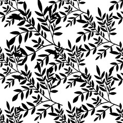 Black leaves silhouette seamless pattern. Tree branches wallpaper. Nature backdrop. Decorative twigs.