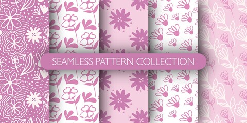 Set of doodle pink outline flower seamless patterns. Ditsy floral background. Funny floral endless wallpaper.