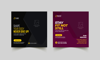 Fitness gym social media post banner  template. Editable sports yoga digital marketing web banner or square flyer design