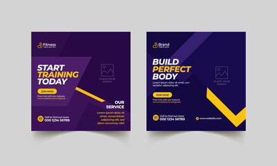 Fitness gym social media post banner  template. Editable sports yoga digital marketing web banner or square flyer design