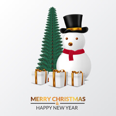 elegant luxury design with illustration of snowman character and pine christmas tree decoration with present box for christmas event and new year eve.