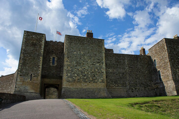 English Heritage Flag Fluttering with UK Flag Dover Castle