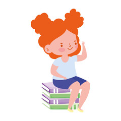 little student girl sitting on stack of books cartoon school isolated icon design white background