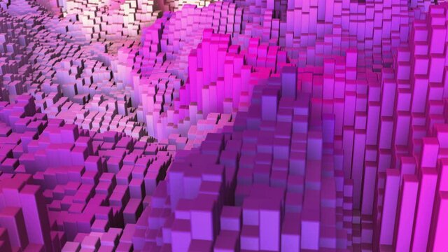 Tracking shot along an abstract landscape of colorful animating 3D cubes, ideal as a background for an intro or presentation