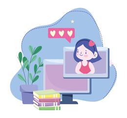 online education, student girl computer and books connection, website and mobile training courses