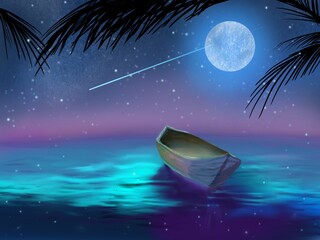 the floating boat in blue ocean and beautiful moon light