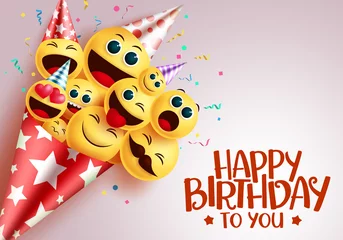 Fotobehang Birthday smiley bouquet vector design. Happy birthday to you greeting text in red empty space with smiley emoji in party hat bouquet for birthday invitation. © ZeinousGDS