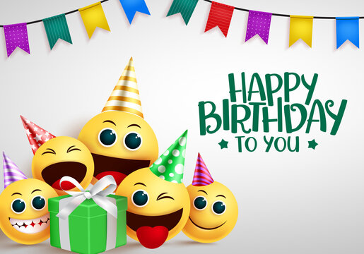 Happy birthday emoji vector greeting design. Happy birthday to you greeting text with cute smiley emoji in party elements like hat and gift for invitation card design. Vector illustration.