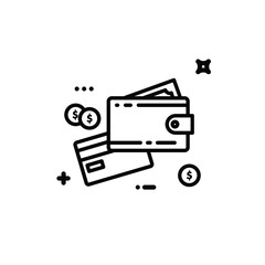 Money and a credit card, a purse and coins, payment, the budget and expenses, vector icon on white background