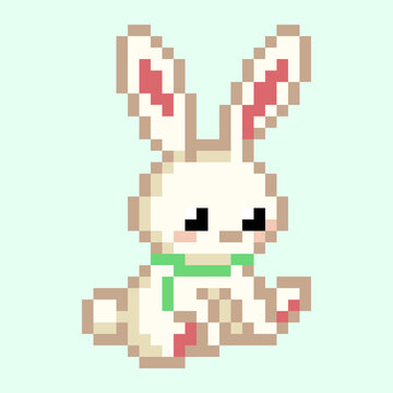 Sitting rabbit pattern. Pixel rabbit sad image. Vector Illustration of pixel art.