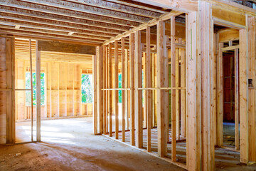 Wooden house roof frame structure on a new development