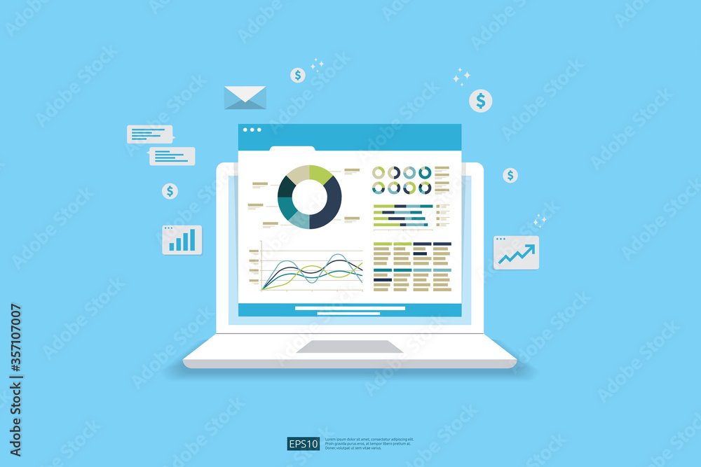 Poster web statistics analytic charts on laptop device screen. flat vector infographic trend graphs informa