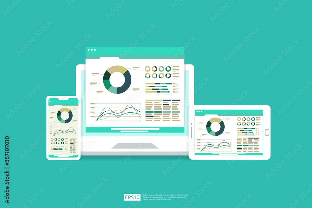 Aufkleber web statistics analytic charts on laptop device screen. flat vector infographic trend graphs informa