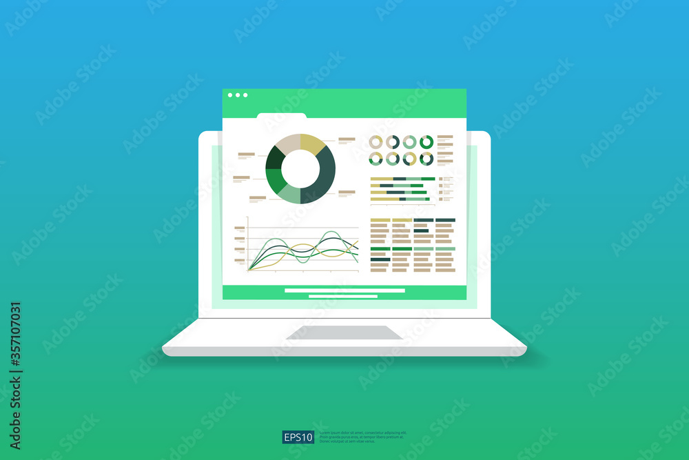 Poster web statistics analytic charts on laptop device screen. flat vector infographic trend graphs informa