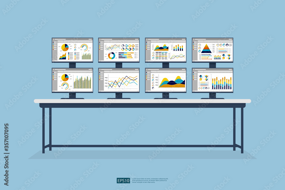 Poster stock market database, information graph in data center room. monitoring and analysis report statist