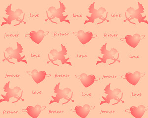 Valentine’s day cupid and heart wings with love,forever text pattern background For Valentines, Mother’s, Birthday, Wedding and Anniversary. Cover template, banner, greeting card, postcard, event.