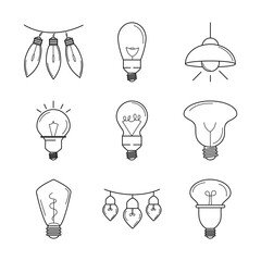 electric light bulb, eco idea metaphor, isolated line style icons set